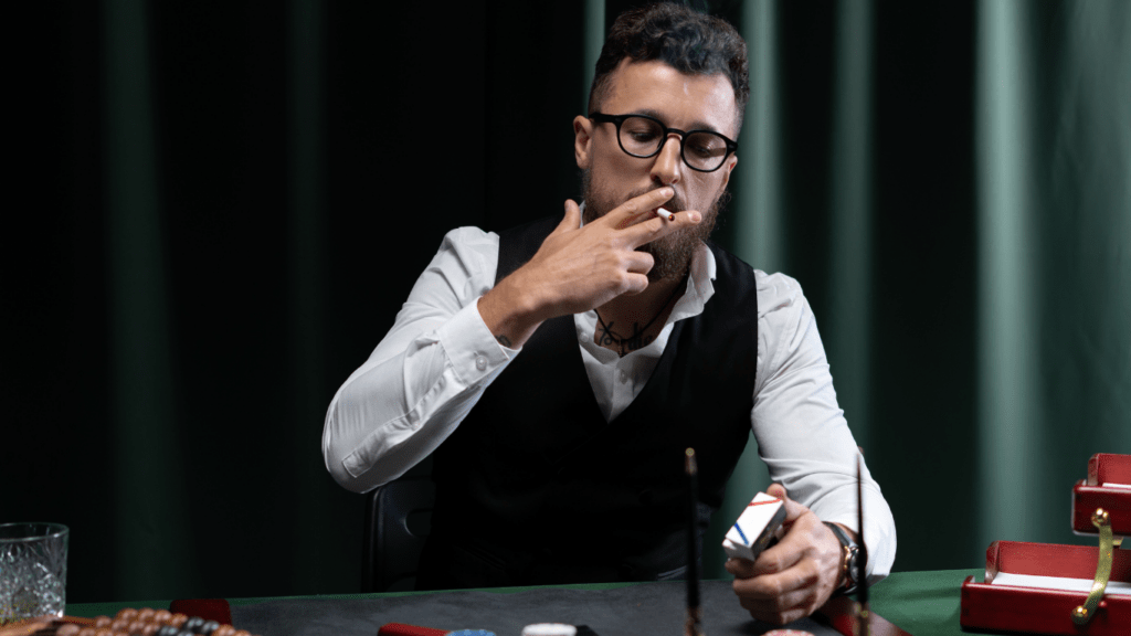 a man smoking while playing poker